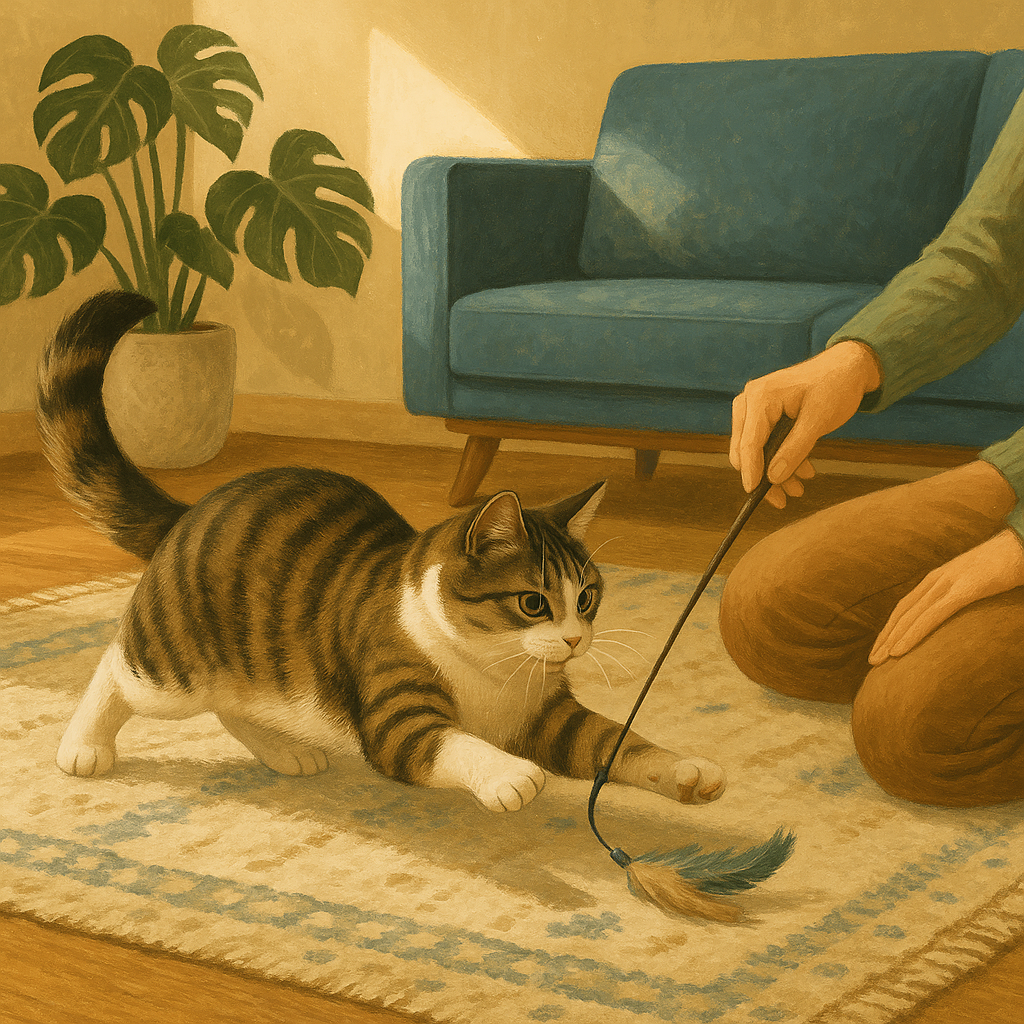 Illustration of a person playing with a cat using a feather wand toy on a soft rug in a sunlit apartment.