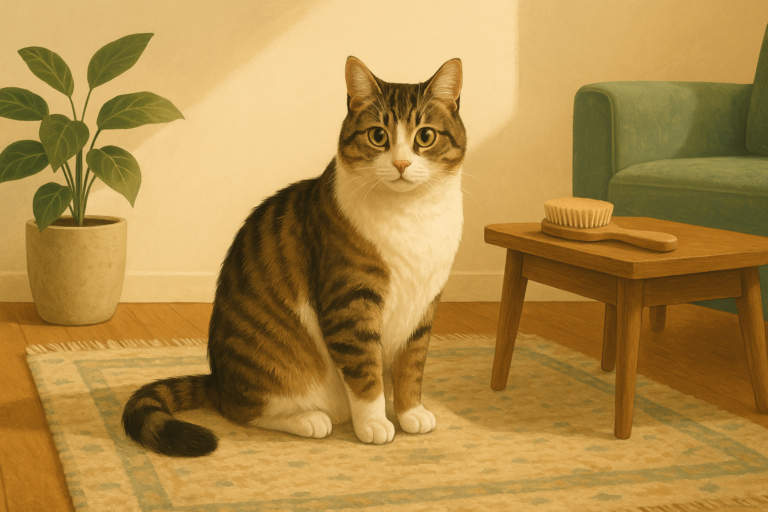 Illustration of a calm well-groomed cat on a woven rug in a sunlit living room with a soft brush nearby.