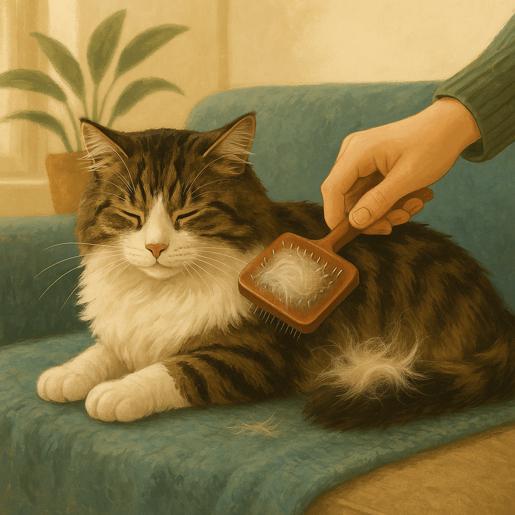 Illustration of a person gently brushing a long-haired cat on a soft blanket on a couch.