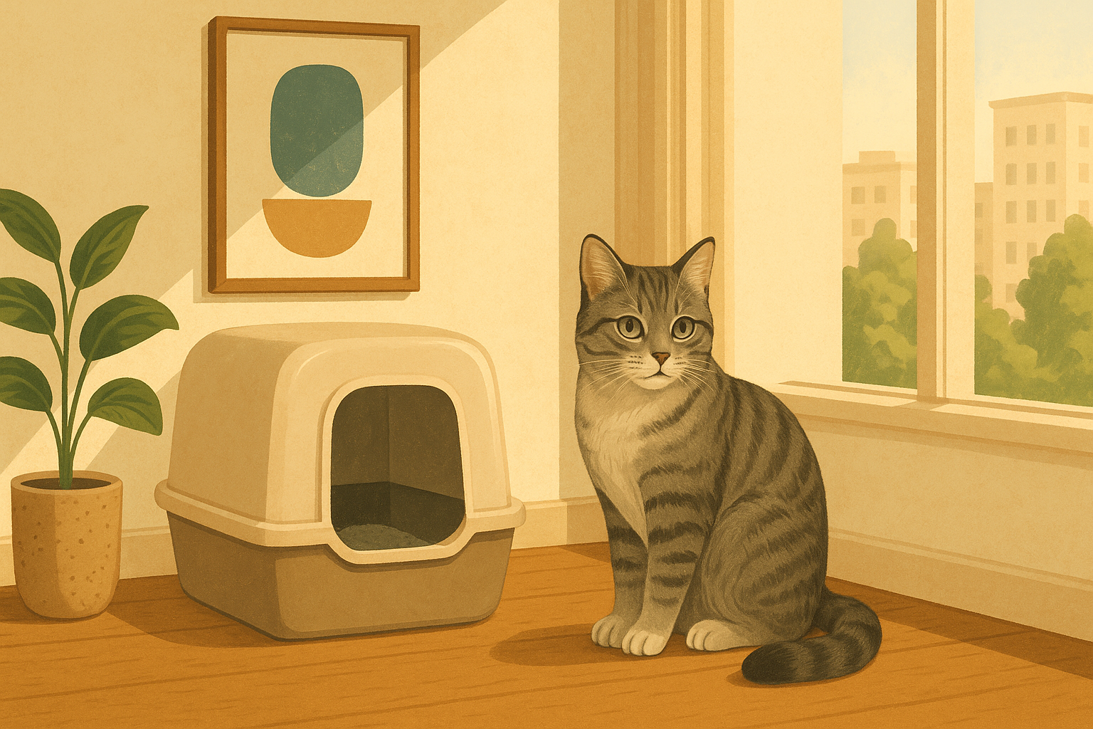 Illustration of a calm gray tabby cat sitting beside a clean covered litter box in a sunlit apartment corner, with a small potted plant and woven basket nearby.