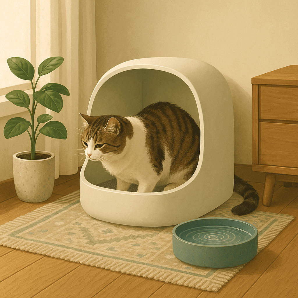 Illustration of a cat near a clean litter box in a quiet, well-organized indoor space.