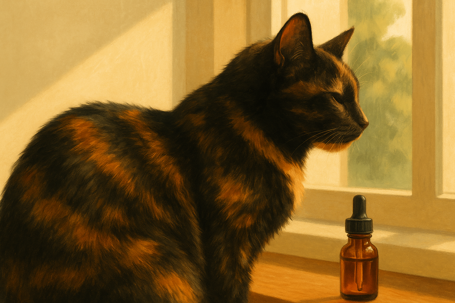 Close-up illustration of a glossy tortoiseshell cat's flank catching afternoon light, with a small amber fish oil dropper bottle out of focus in the foreground.