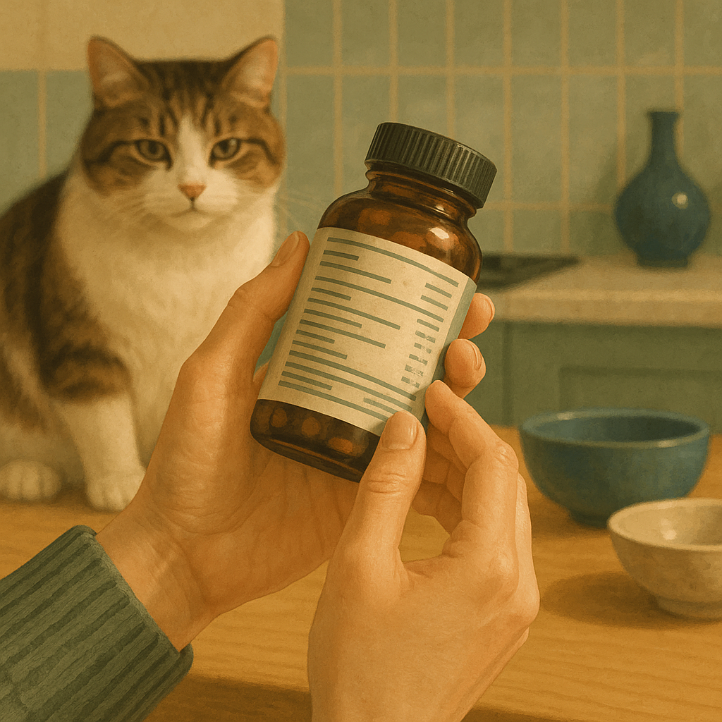 Illustration of a person reading the ingredient label on a small fish oil supplement bottle in a kitchen.