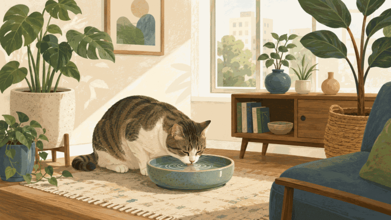 Illustration of a cat drinking from a wide ceramic water bowl in a sunlit apartment corner.