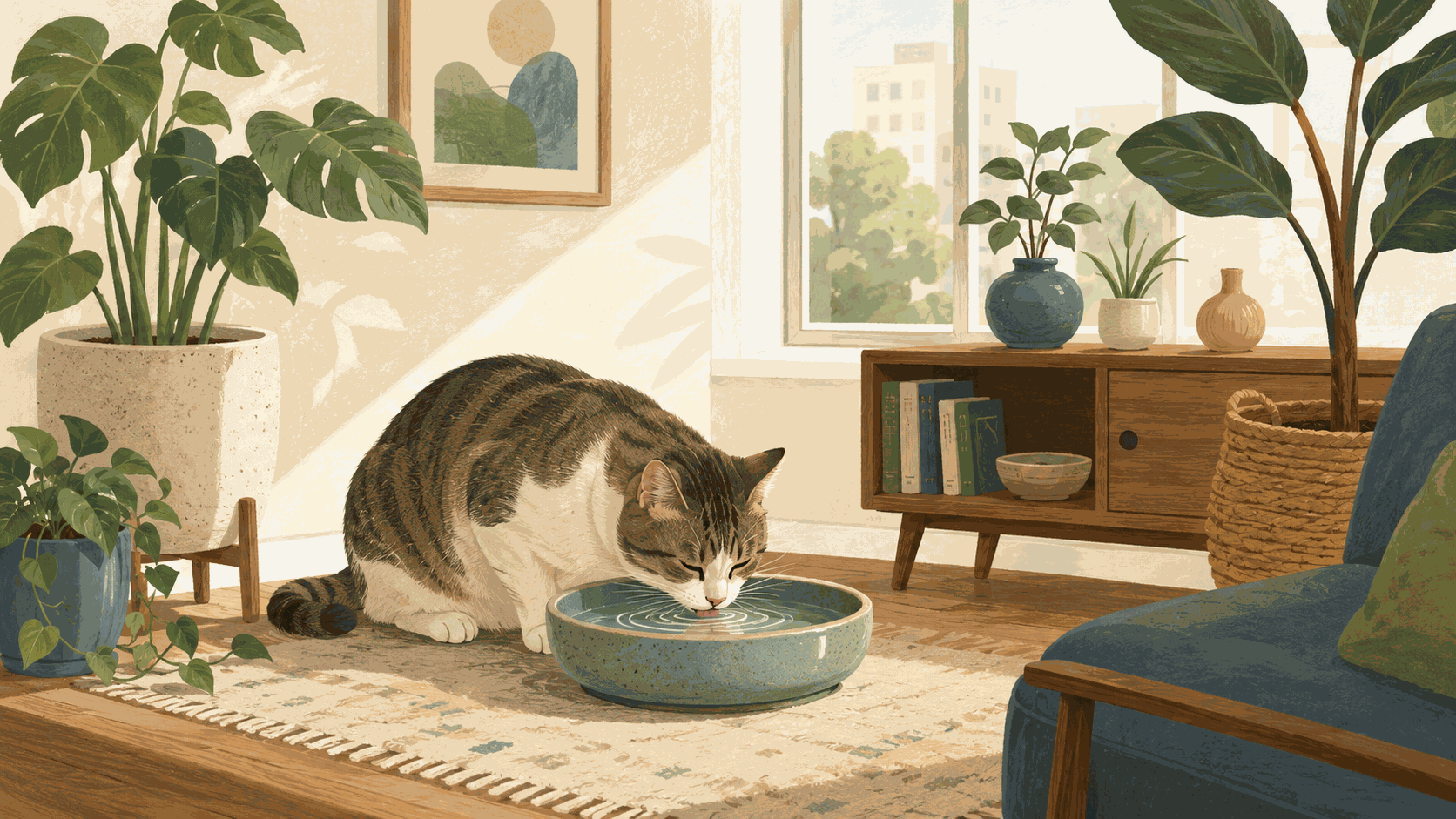 Illustration of a cat drinking from a wide ceramic water bowl in a sunlit apartment corner.