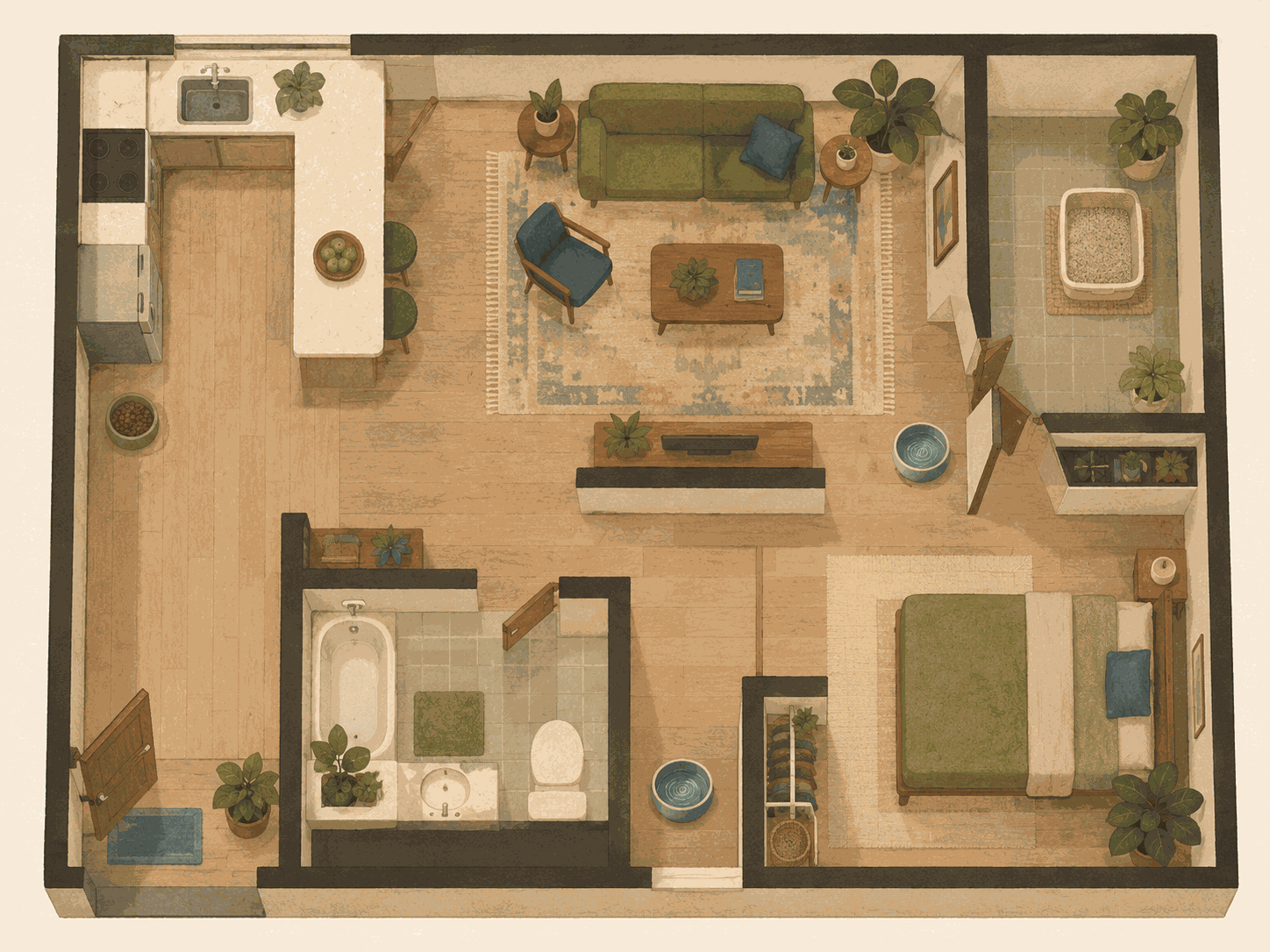 Illustration of a small apartment floor plan with water stations placed away from food and the litter box.