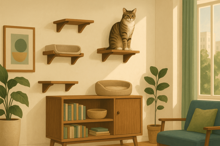 Illustration of a sunlit apartment with wall-mounted cat shelves at staggered heights and a calm cat perched at the highest level.