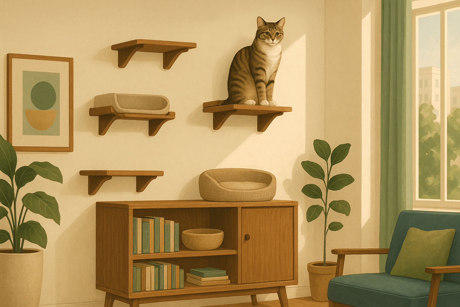 Illustration of a sunlit apartment with wall-mounted cat shelves at staggered heights and a calm cat perched at the highest level.