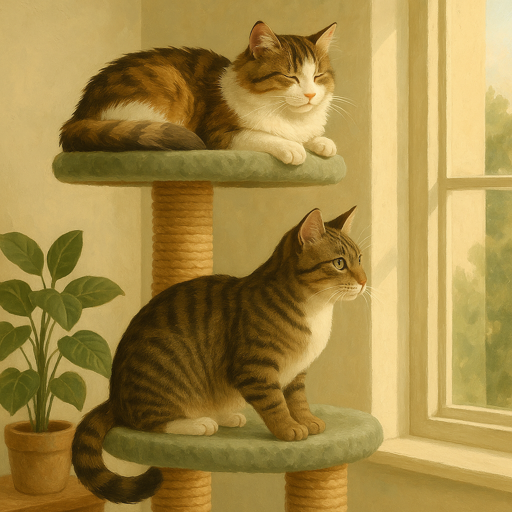 Illustration of two cats on different levels of a tall cat tree near a sunlit window.