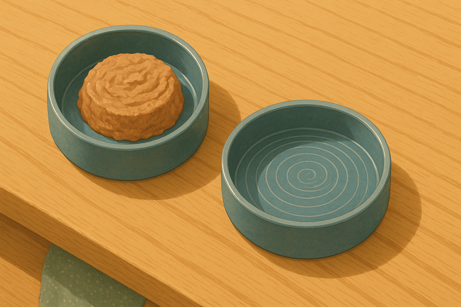 Overhead illustration of two ceramic cat dishes side by side on a wood table: glossy wet food on the left, dry kibble on the right, a glass of water between them.
