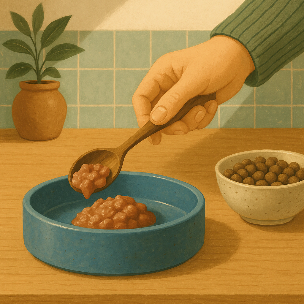 Illustration of a person spooning wet food into a ceramic dish in a sunlit kitchen.