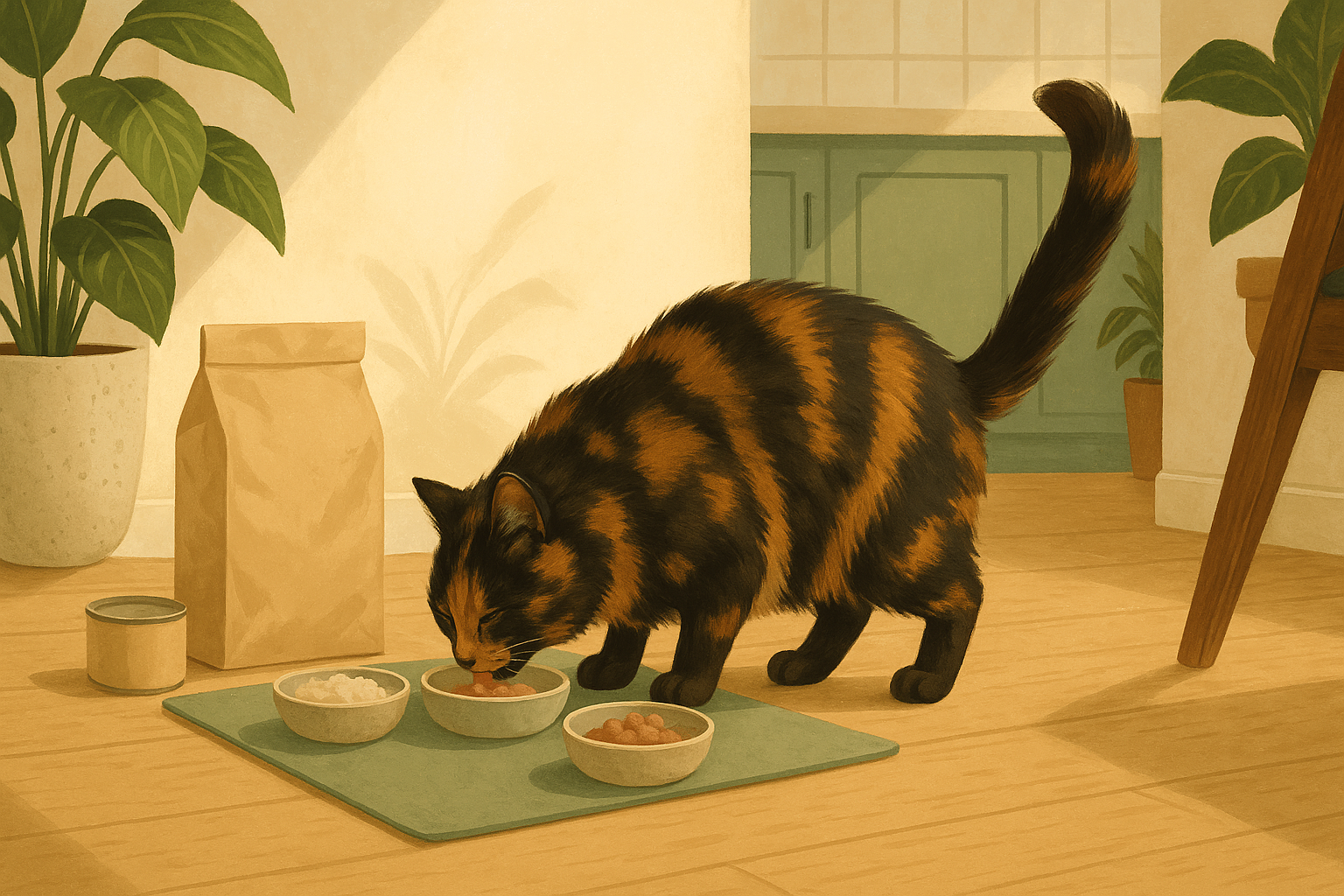 AI illustration of a tortoiseshell cat eating eagerly from one of several small dishes of different foods set out on a kitchen floor.