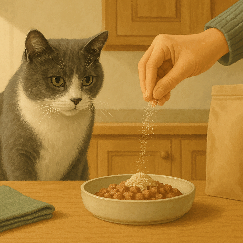 AI illustration of a person's hand sprinkling a pinch of freeze-dried topper over a bowl of wet food while a grey and white cat looks on with renewed interest.