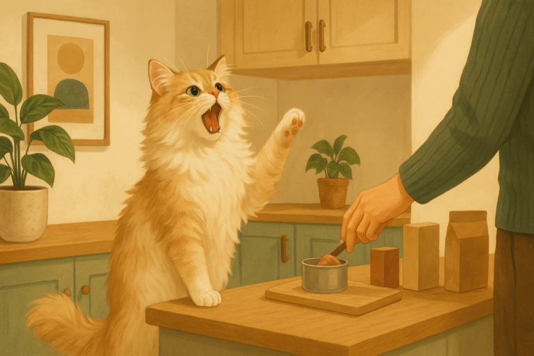 AI illustration of a buff cream long-haired cat sitting up and meowing insistently at a person preparing food at the kitchen counter.