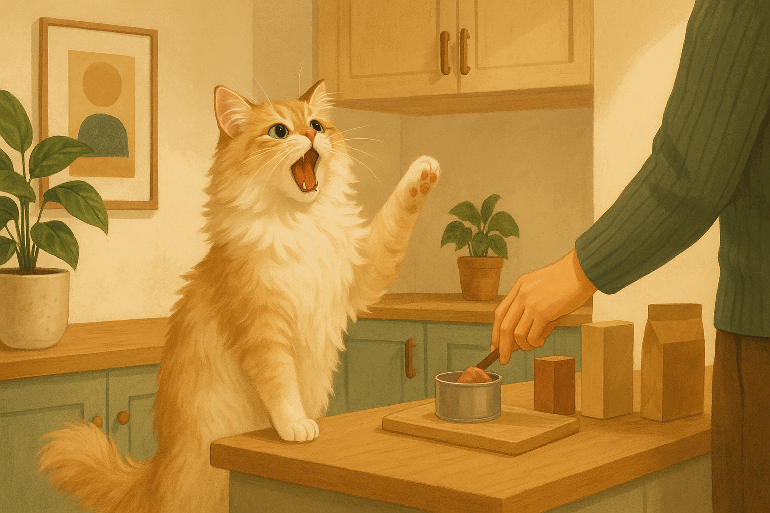 AI illustration of a buff cream long-haired cat sitting up and meowing insistently at a person preparing food at the kitchen counter.