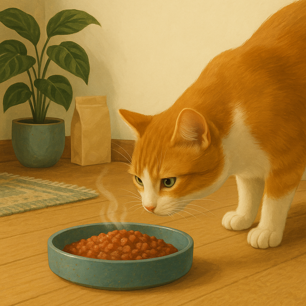 AI illustration of a wide shallow dish of fresh warm food set on a clean floor with faint steam rising as a ginger and white cat leans in to sniff it.