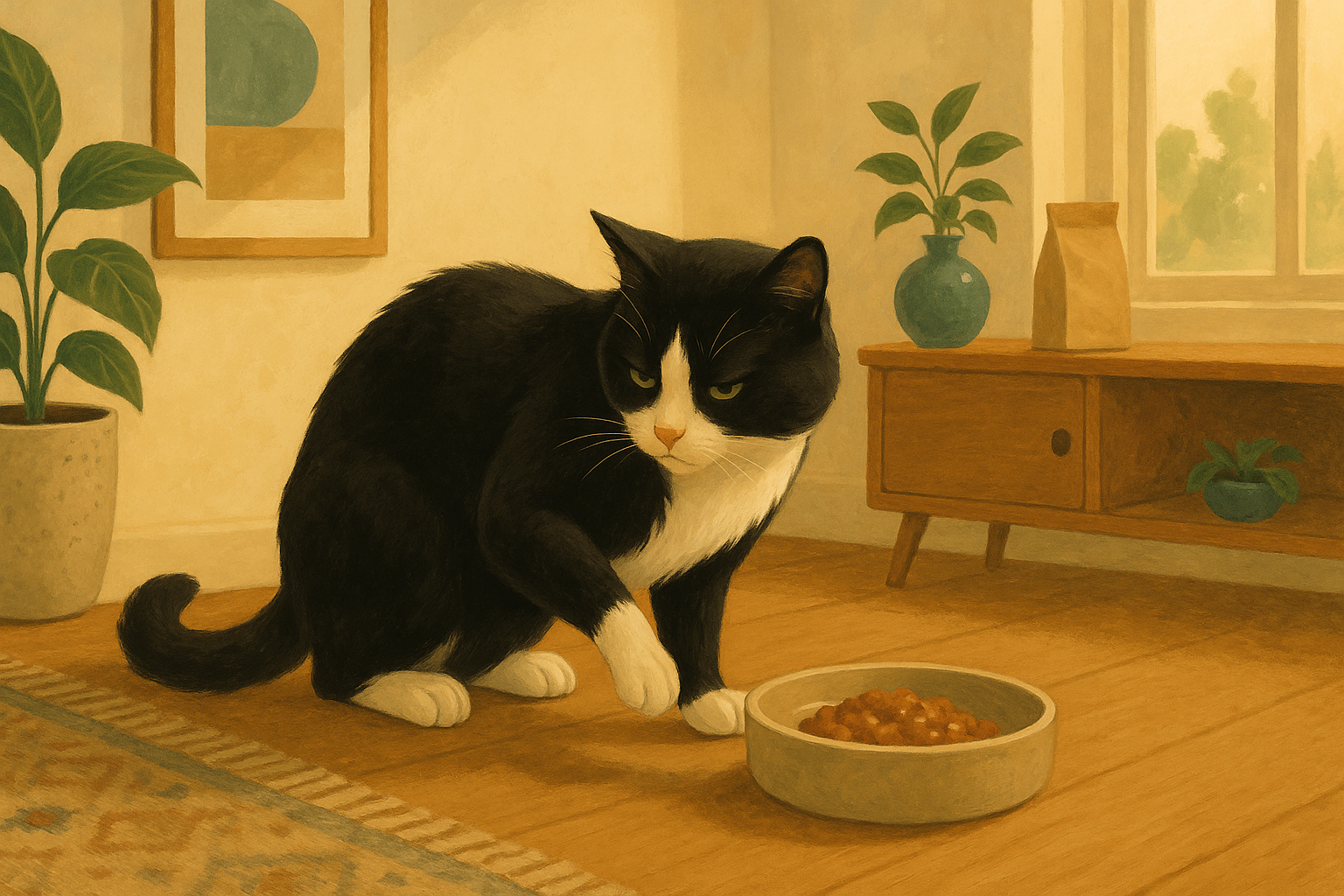 AI illustration of a black-and-white tuxedo cat sweeping a paw at the floor beside a barely-touched dish of food as if trying to bury it, head turned away.
