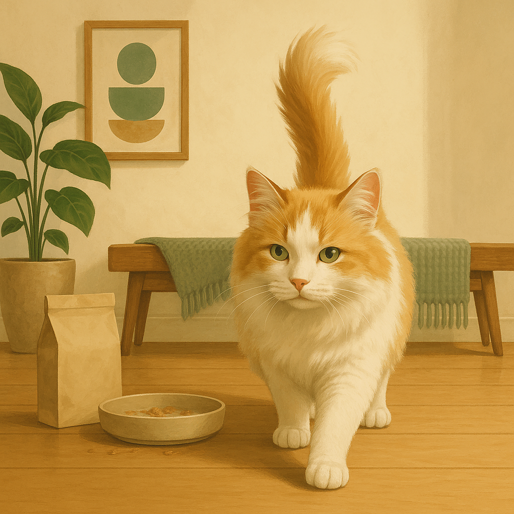 AI illustration of a long-haired cream and white cat walking away with its tail up from a partly-eaten dish of food that sits softly out of focus behind it on a wooden floor.