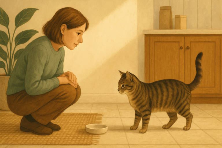AI illustration of a person crouched on a kitchen floor watching patiently as a brown tabby cat stands tail-up near a small plain dish, deciding whether to approach.