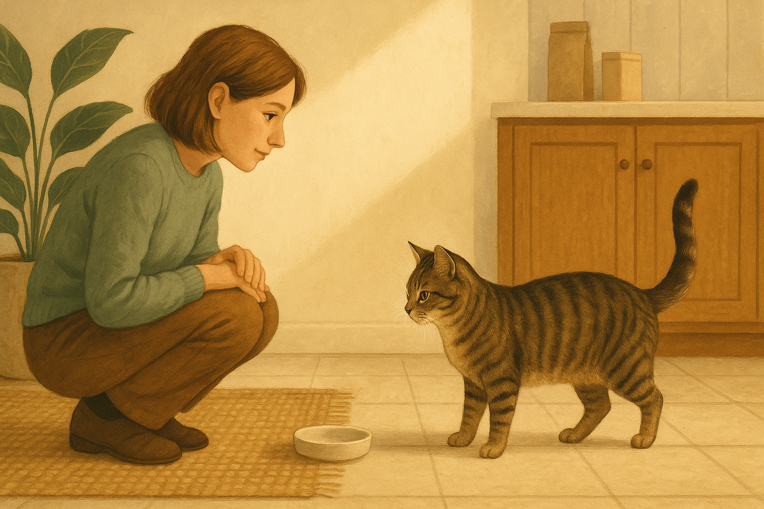AI illustration of a person crouched on a kitchen floor watching patiently as a brown tabby cat stands tail-up near a small plain dish, deciding whether to approach.