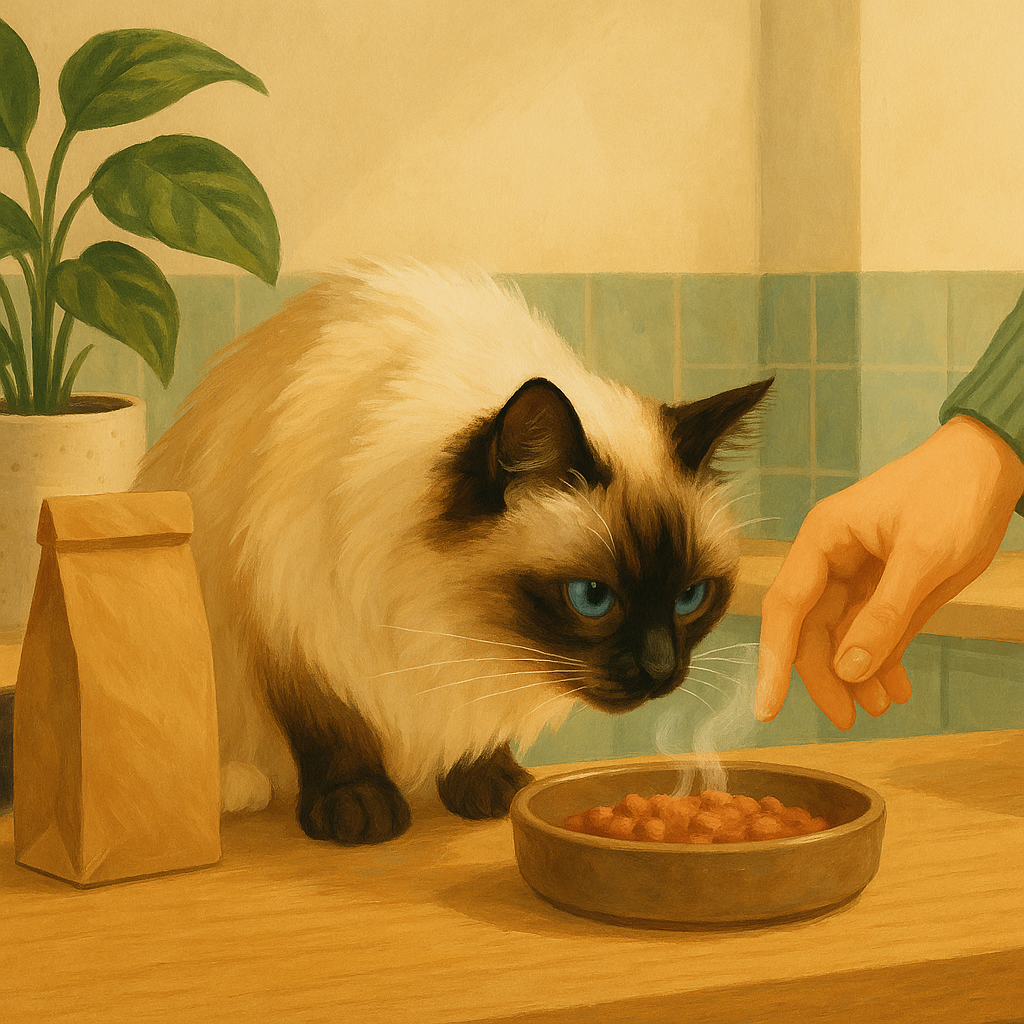 AI illustration of a cream and seal-point longhair cat leaning in to sniff a small shallow dish of warmed food on a wooden counter, faint steam rising.