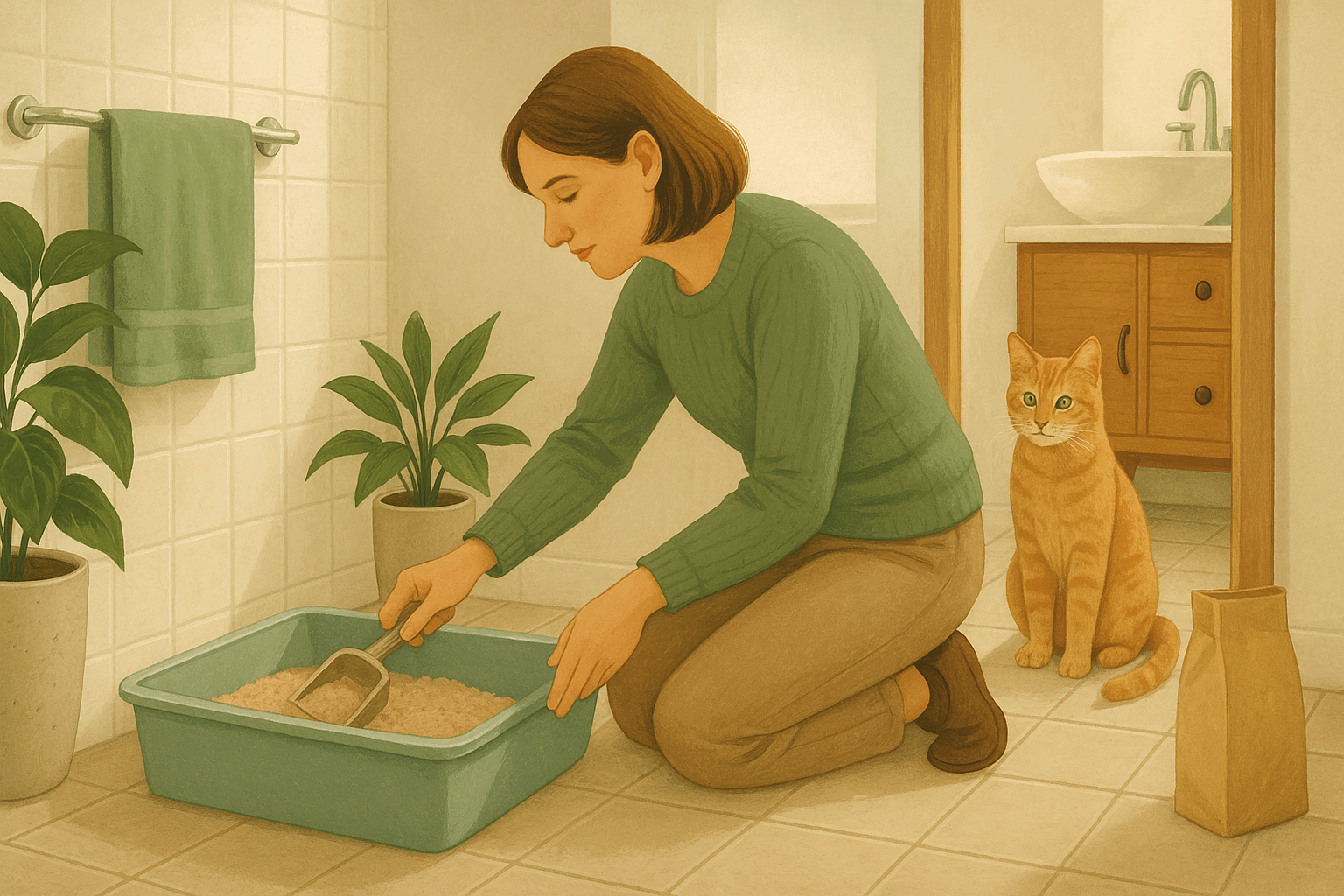 AI illustration of a person kneeling to scoop a large open litter box in a bright bathroom while an orange tabby cat watches from the doorway.