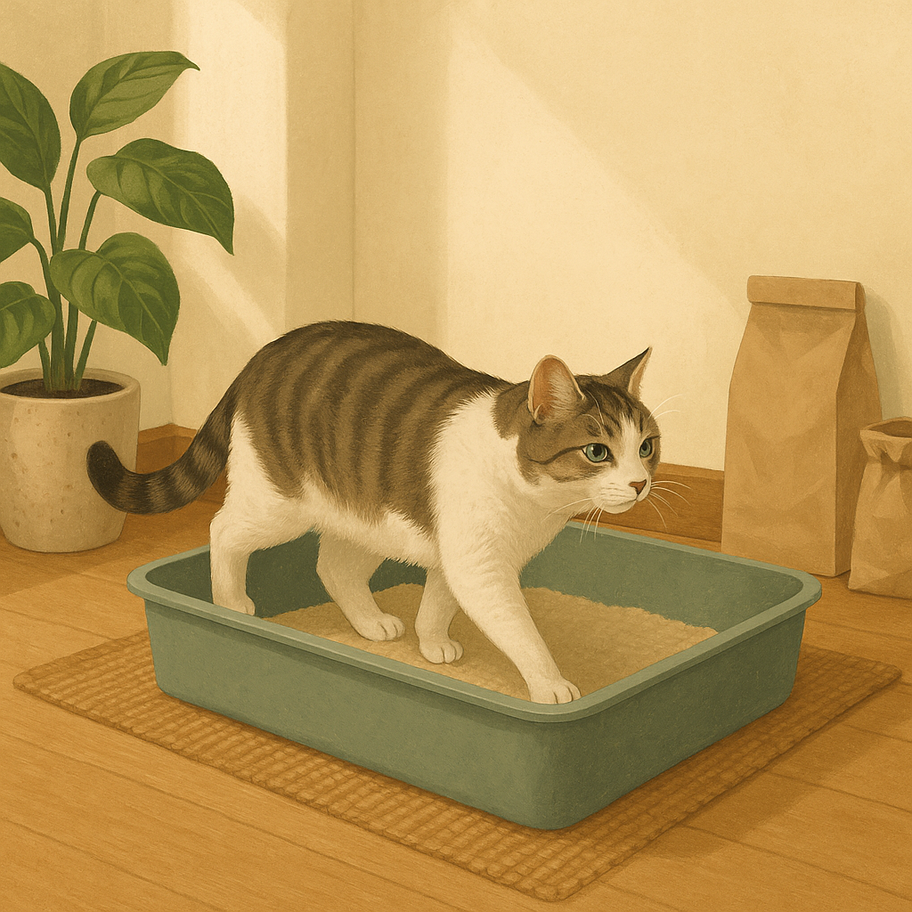 AI illustration of a calm tabby and white cat stepping into a large open low-sided litter box in a quiet sunlit corner of a home, away from food bowls.