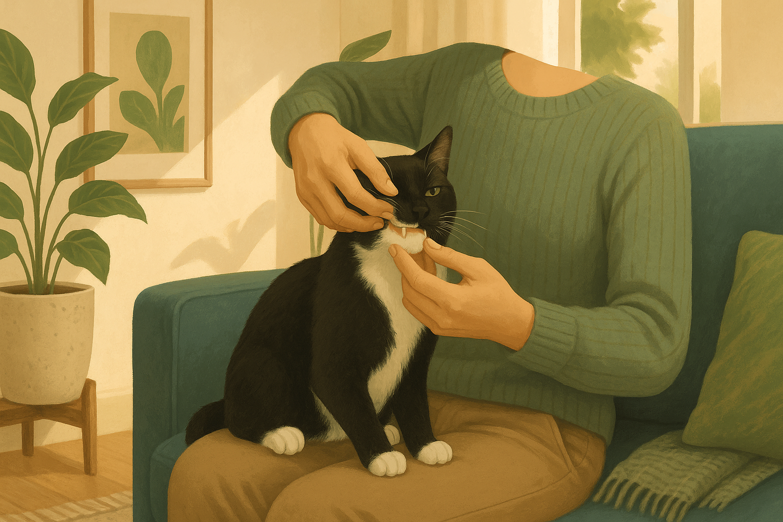 AI illustration of a person on a couch gently lifting a tuxedo cat's lip to check its teeth and gums.