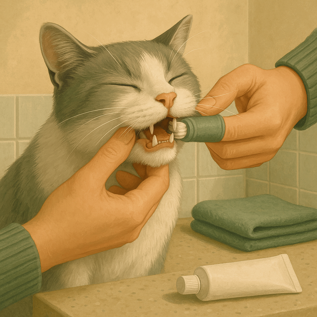 AI illustration of a person gently brushing a calm grey and white cat's teeth with a small cat toothbrush in a warm sunlit bathroom.