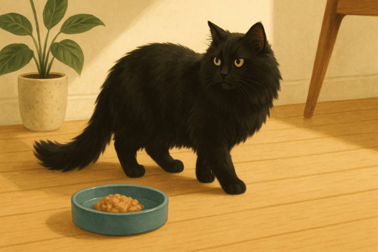 AI illustration of a fluffy black cat walking away from a half-eaten bowl of wet food on a kitchen floor and glancing back at it with disinterest.