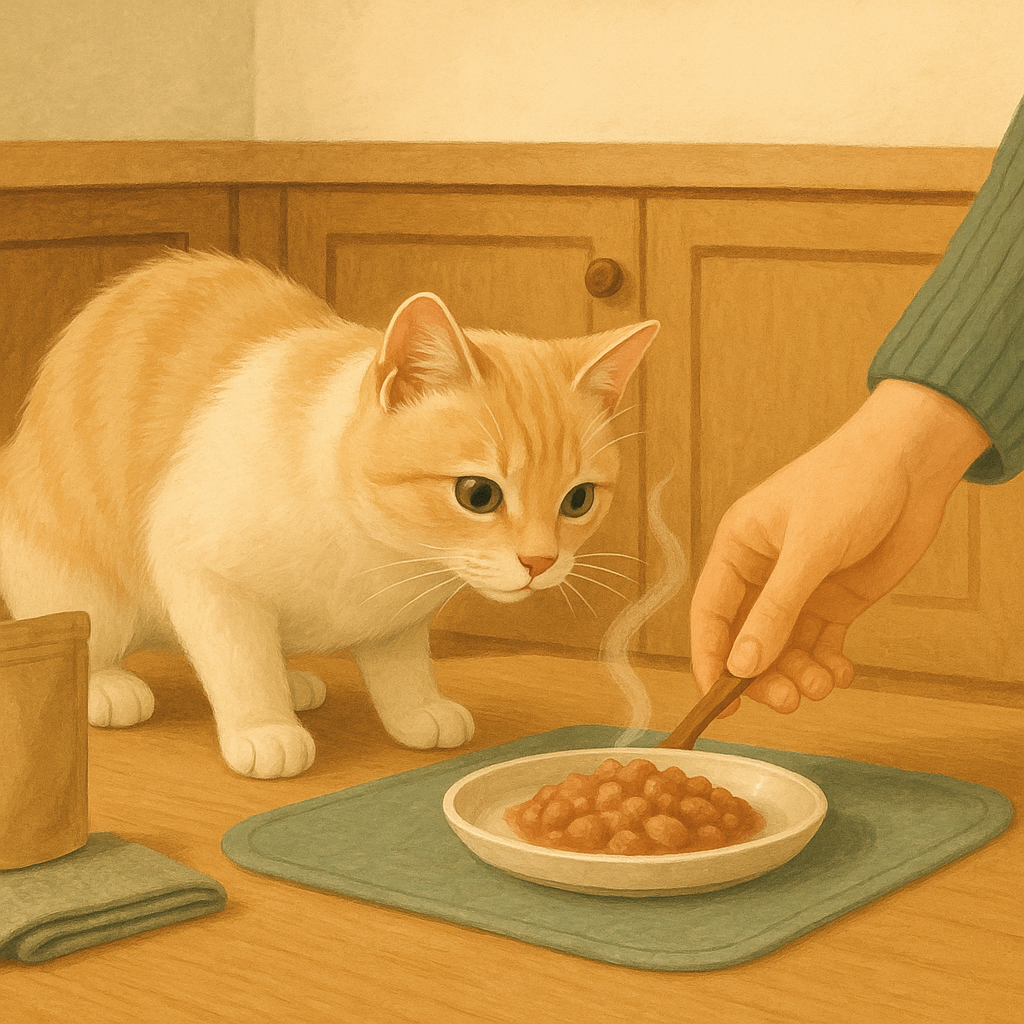 AI illustration of a person setting down a small freshly served portion of warm wet food on a low mat while an eager cream coloured cat steps forward to eat.