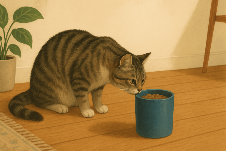 AI illustration of a grey shorthair cat crouched and hesitant a short distance back from a tall deep food bowl, neck stretched forward and ears slightly back, reluctant to put her face in.