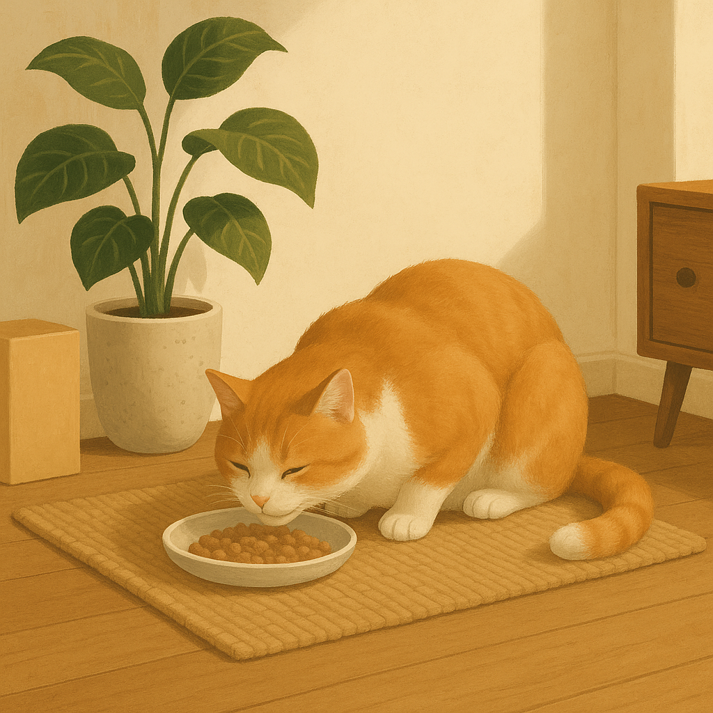 AI illustration of a relaxed orange and white cat eating comfortably from a wide shallow plate in a calm open corner against a wall, body settled and at ease.