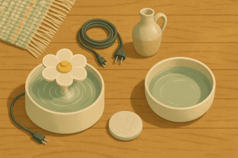AI illustration of an overhead comparison of a flower-style cat water fountain with its cord and filter on one side and a plain wide ceramic water bowl on the other, on a wooden floor.