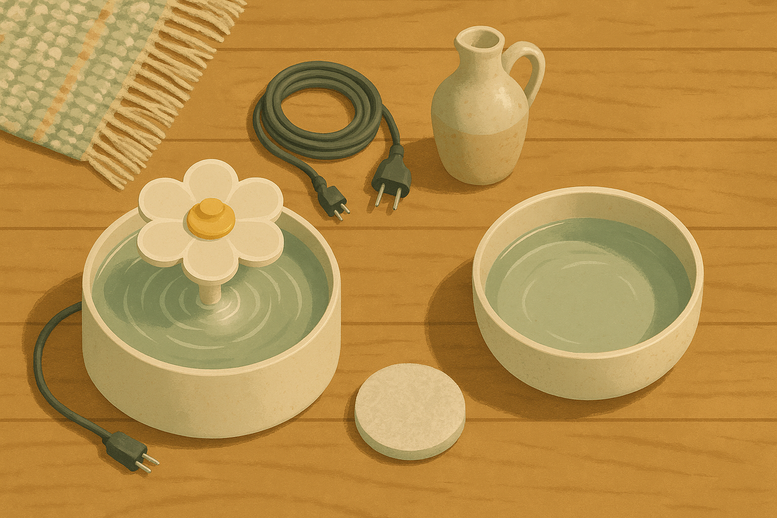 AI illustration of an overhead comparison of a flower-style cat water fountain with its cord and filter on one side and a plain wide ceramic water bowl on the other, on a wooden floor.