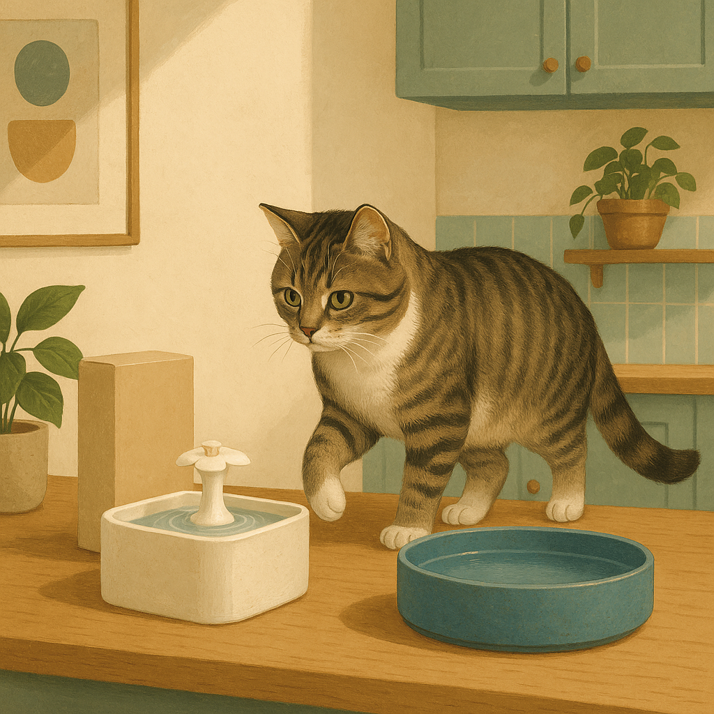 AI illustration of a grey tabby cat on a kitchen counter looking between a bubbling water fountain and a plain ceramic water bowl as if choosing between them.
