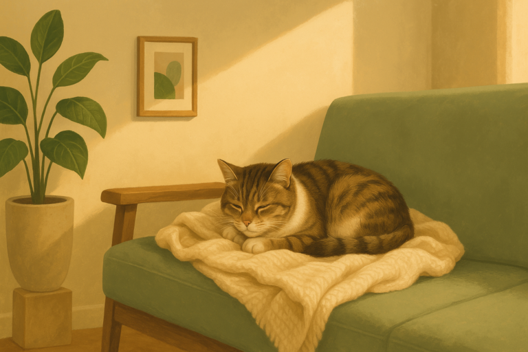 AI illustration of a brown tabby cat curled and resting in a soft cream blanket on a couch in warm afternoon light, looking subdued as it recovers from illness.