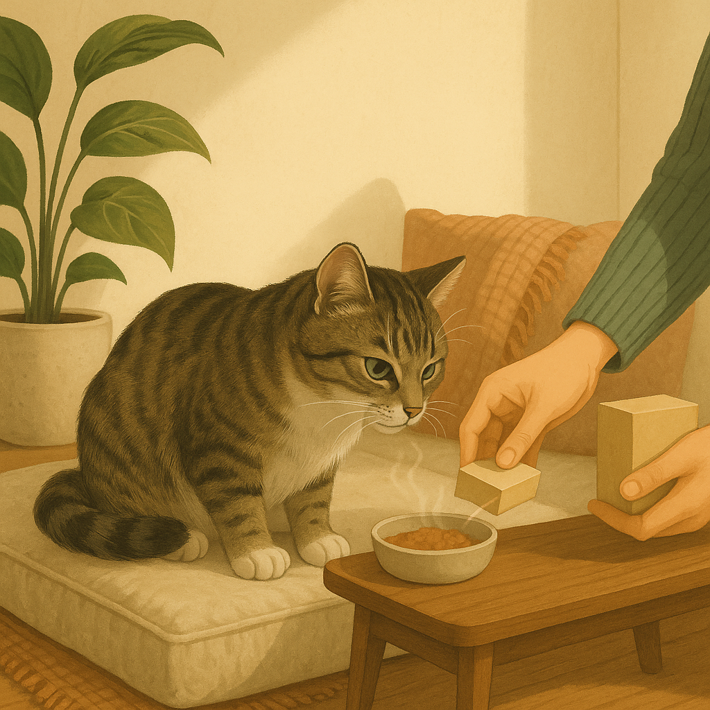 AI illustration of a grey tabby cat resting on a cushion and lifting its head to sniff a small dish of warmed food being placed on a side table beside it, showing returning appetite.
