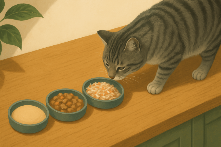 AI illustration of four small dishes of different cat foods lined up on a kitchen counter while a grey tabby cat sniffs along the row choosing one.