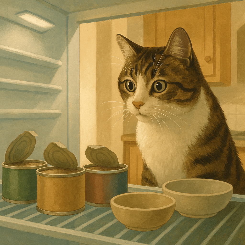 AI illustration of an open refrigerator shelf holding several part-used cat food cans in different colours, with a curious brown and white cat peering in from the side.