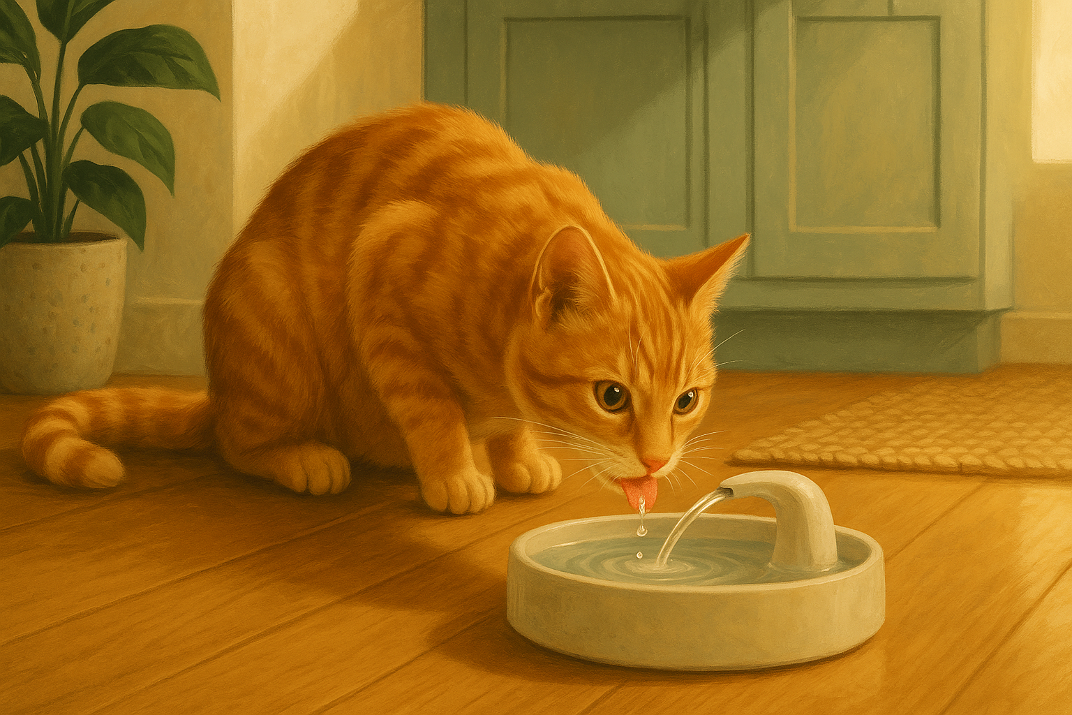 AI illustration of an orange tabby cat crouched low and drinking from the flowing stream of a small pet water fountain on a kitchen floor in warm morning light.