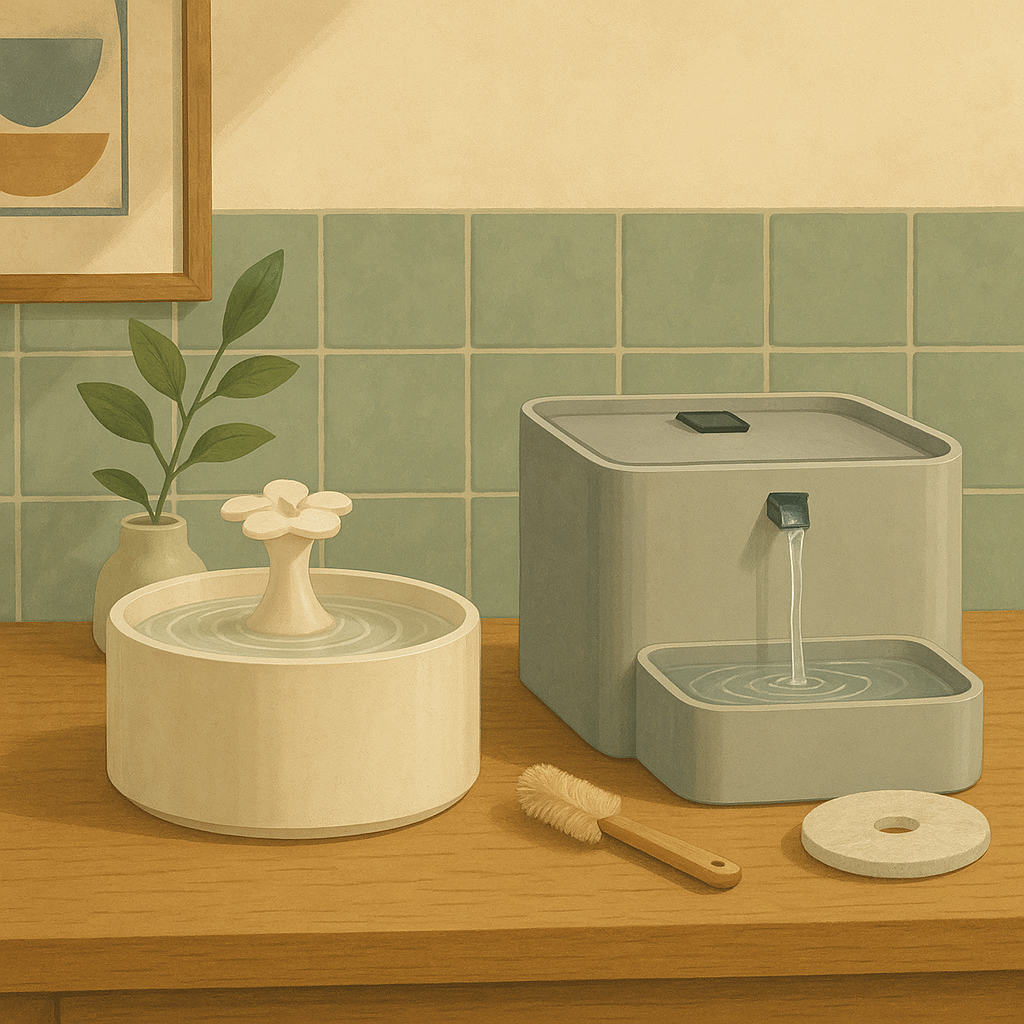 AI illustration of two cat water fountains side by side on a kitchen counter, a compact rounded flower-style fountain and a larger rectangular reservoir fountain, with a small cleaning brush and a replacement filter pad beside them.