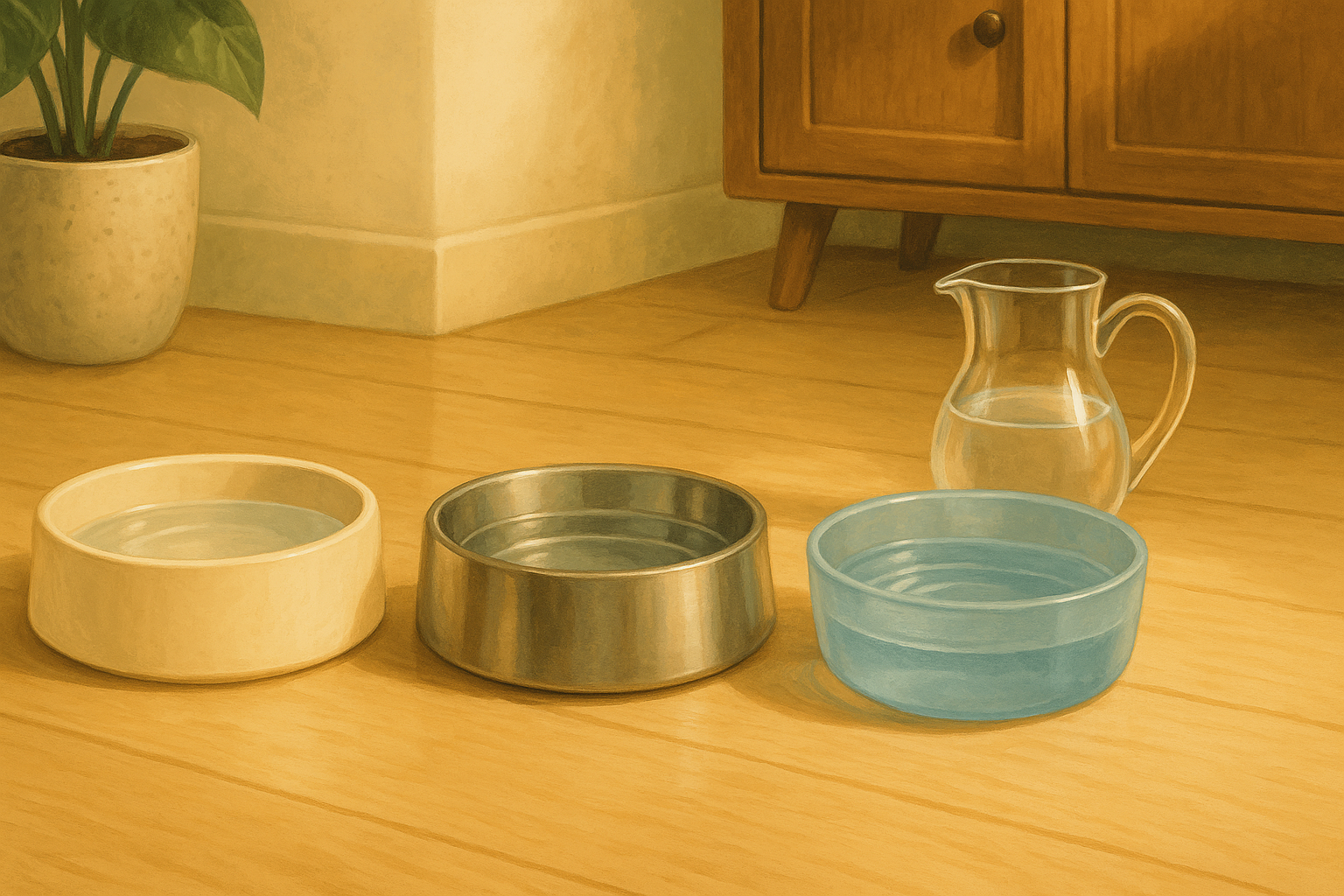 AI illustration of three empty cat water bowls in a row on a wooden floor, one cream ceramic, one brushed stainless steel and one pale plastic, each holding clean water, with a glass pitcher beside them.