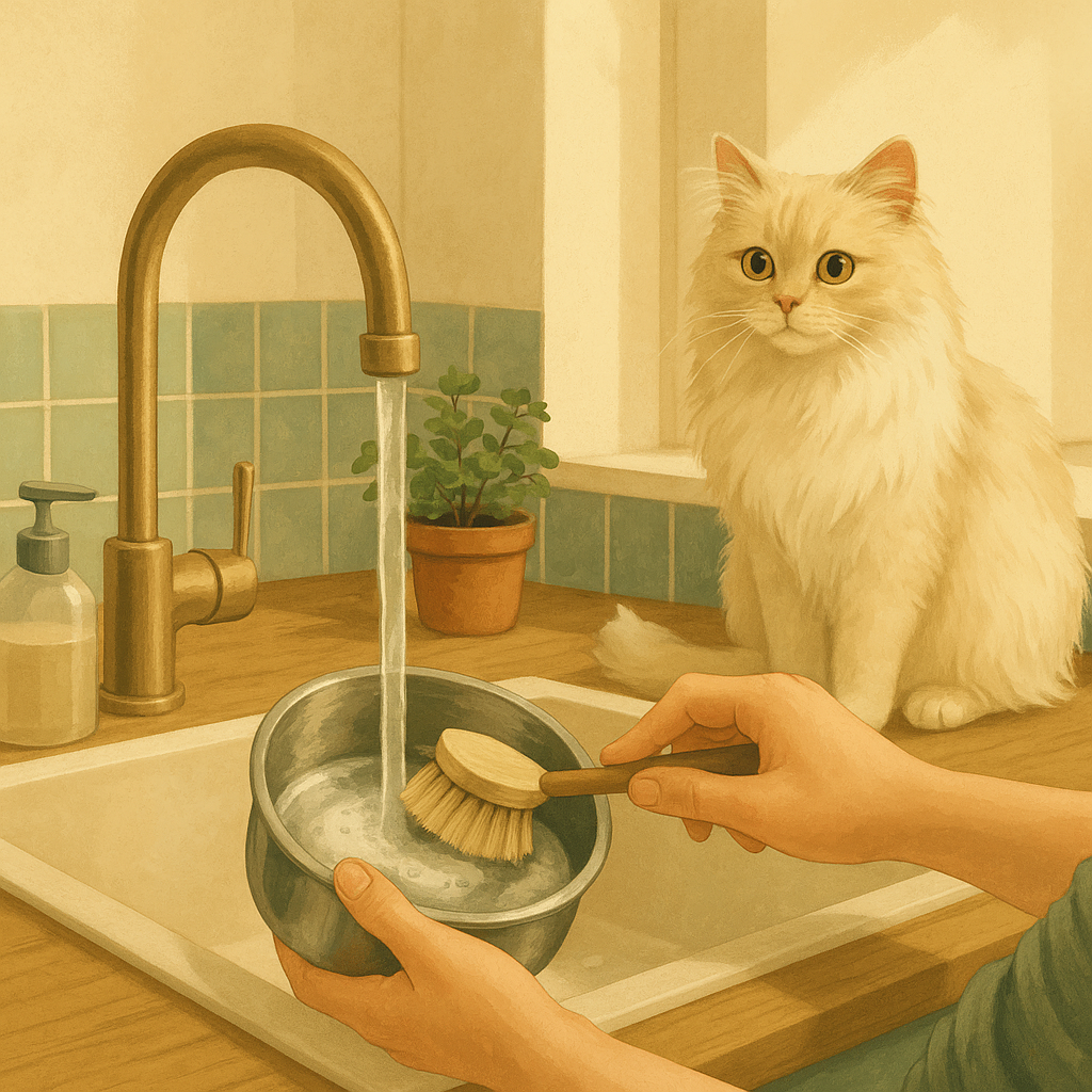 AI illustration of a pair of hands washing a stainless steel cat bowl with a brush under running water at a sunlit kitchen sink while a fluffy cream long-haired cat sits on the counter watching.