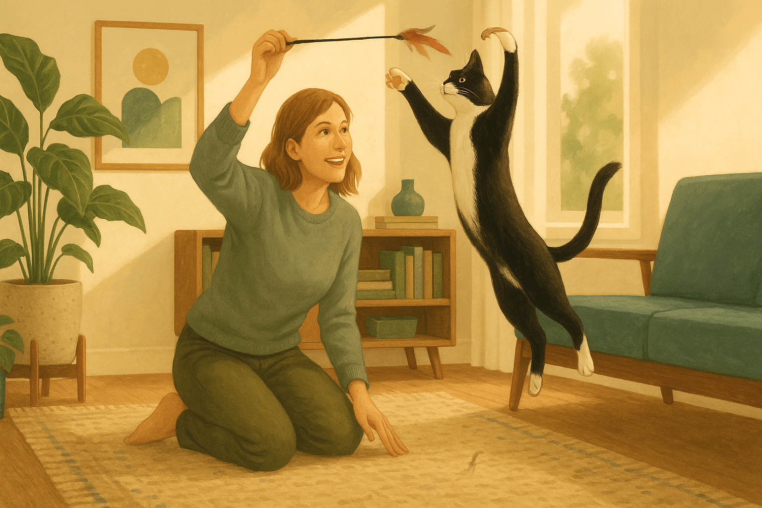AI illustration of a person playing with a feather wand toy while a black and white cat leaps into the air to catch it in a sunlit living room.
