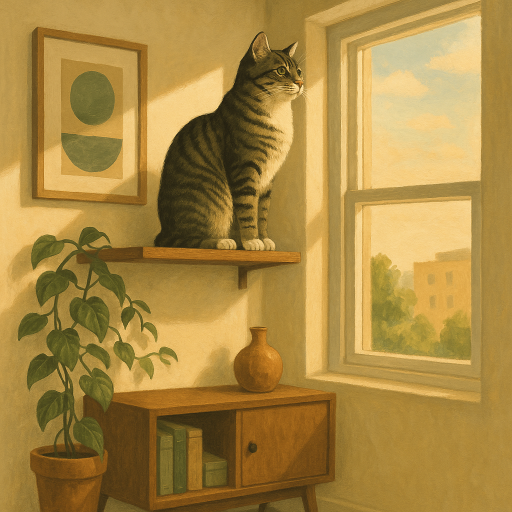 AI illustration of a grey tabby cat perched on a tall window shelf in a small apartment, watching the afternoon outside from up high.
