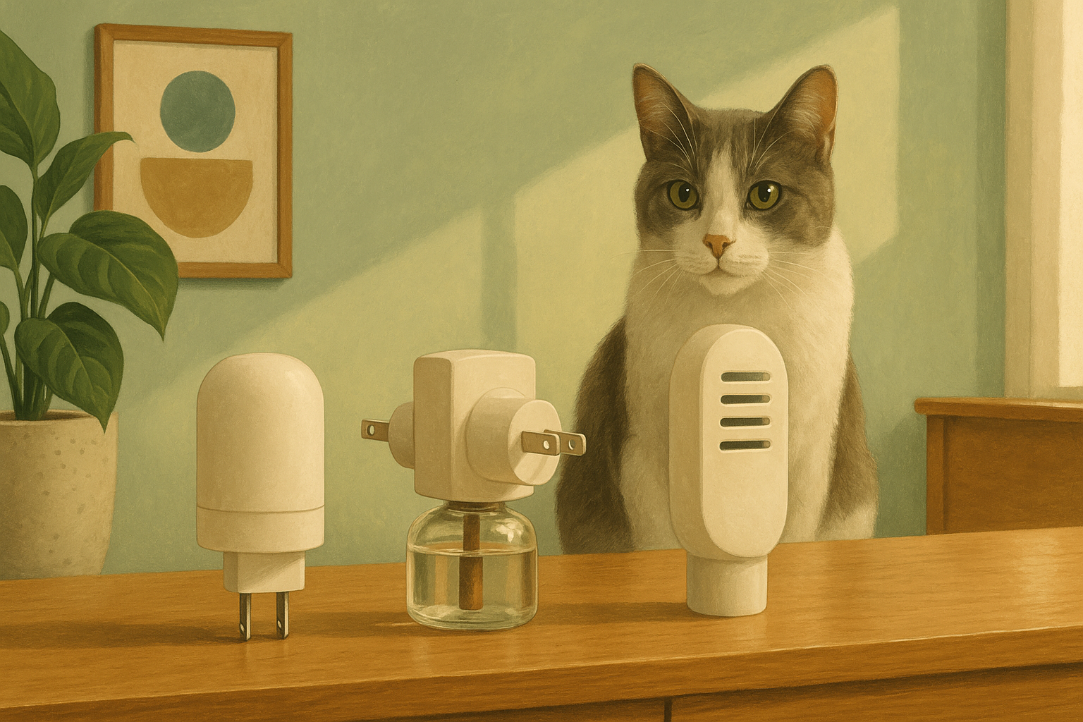 AI illustration of three different cat pheromone diffuser units lined up in a row on a wooden console table for comparison, with a calm grey and white cat sitting behind them.