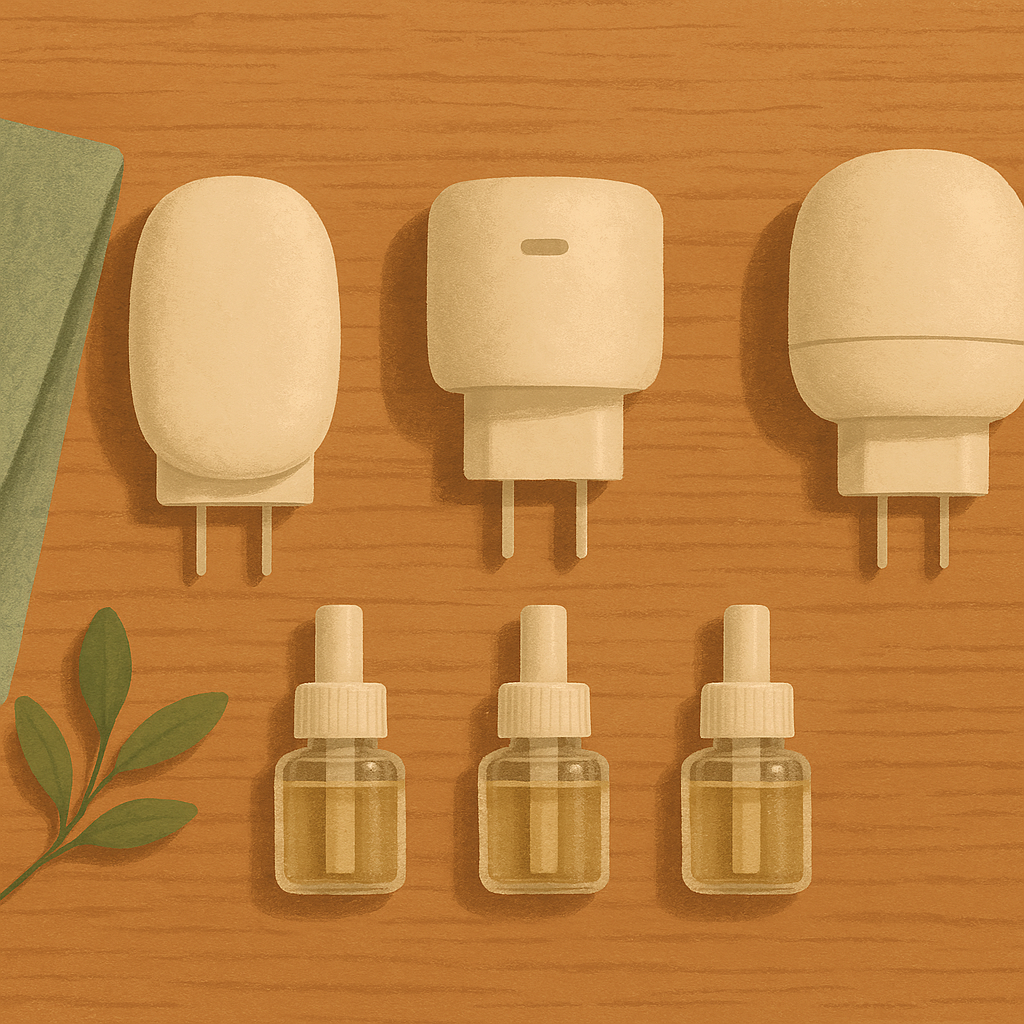 AI illustration of three different cat pheromone diffuser units and their refill vials arranged in a row on a wooden table, viewed from above, as a buyer's guide comparison.