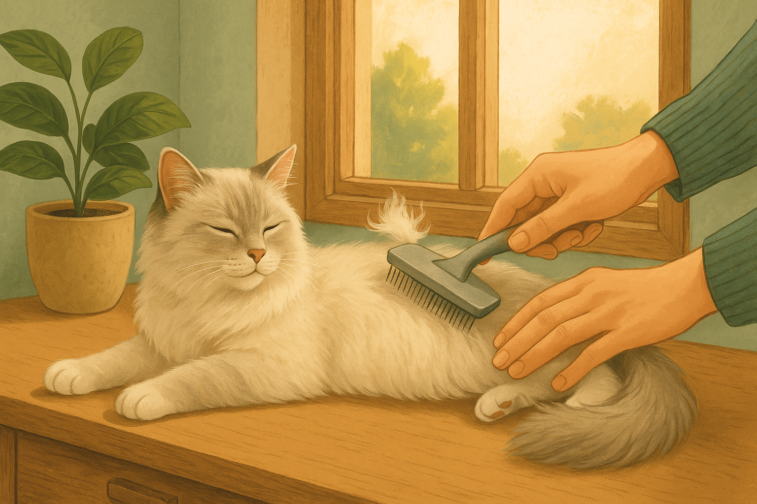 AI illustration of a long-haired cream and grey cat lying calmly on a sunlit windowsill while a person grooms its back with a deshedding tool and a tuft of loose fur lifts free.