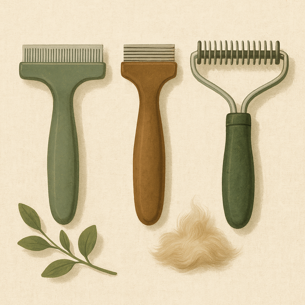 AI illustration of three cat grooming tools laid out on a linen surface, two fine-toothed deshedding blades and one double-sided dematting rake, with a small pile of loose fur beside them.